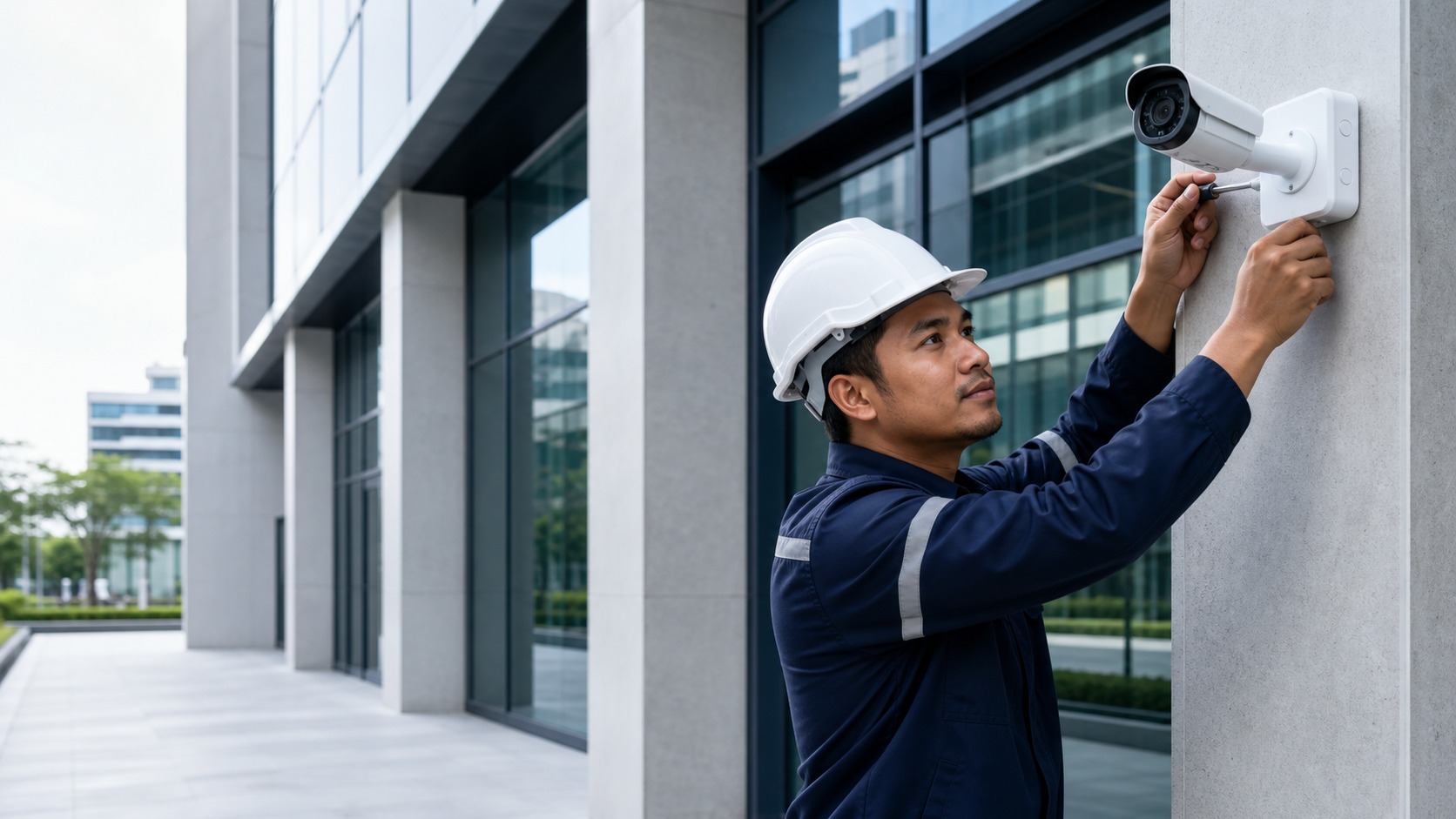 Security technician installing a CCTV camera